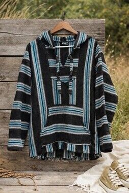 Yarina Baja Hoodie Large Black Blue Striped Handmade Eco Yarn Festival Surf Boho